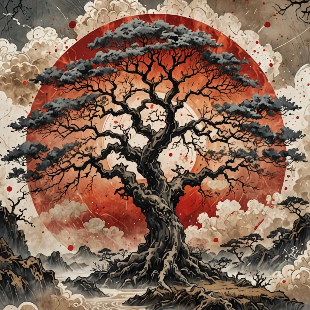 Old Tree and Red Sun in Japanese Ink Painting