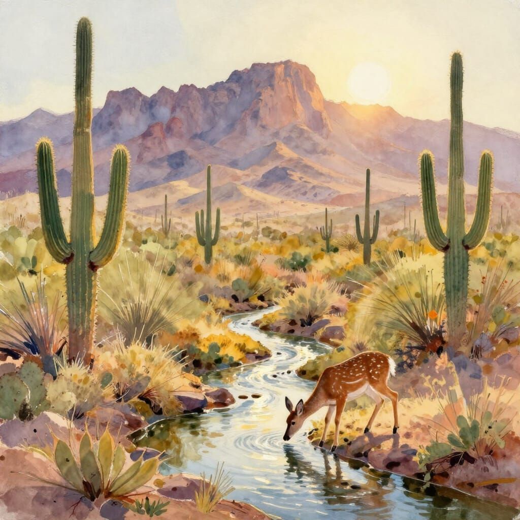 Deer Drinking at Golden Hour in Desert Landscape