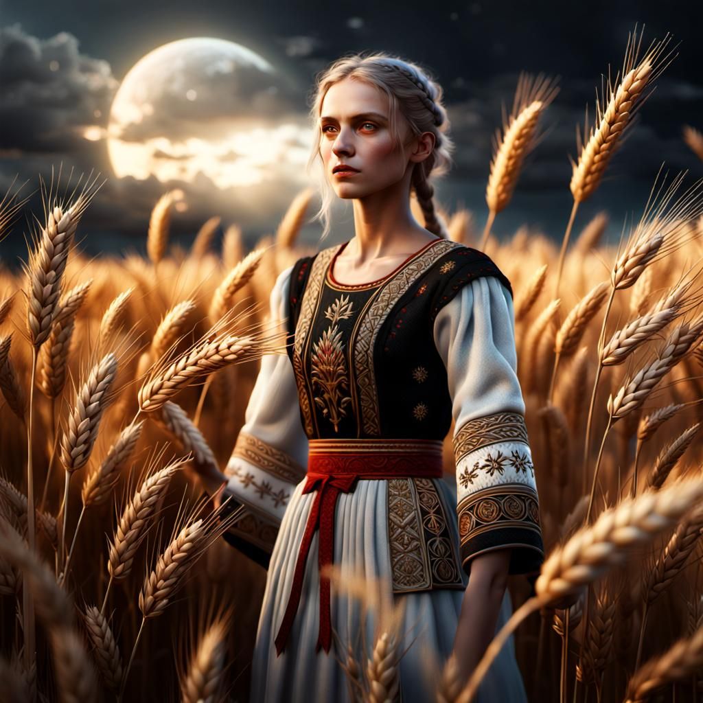 Slavic woman in a field of wheat