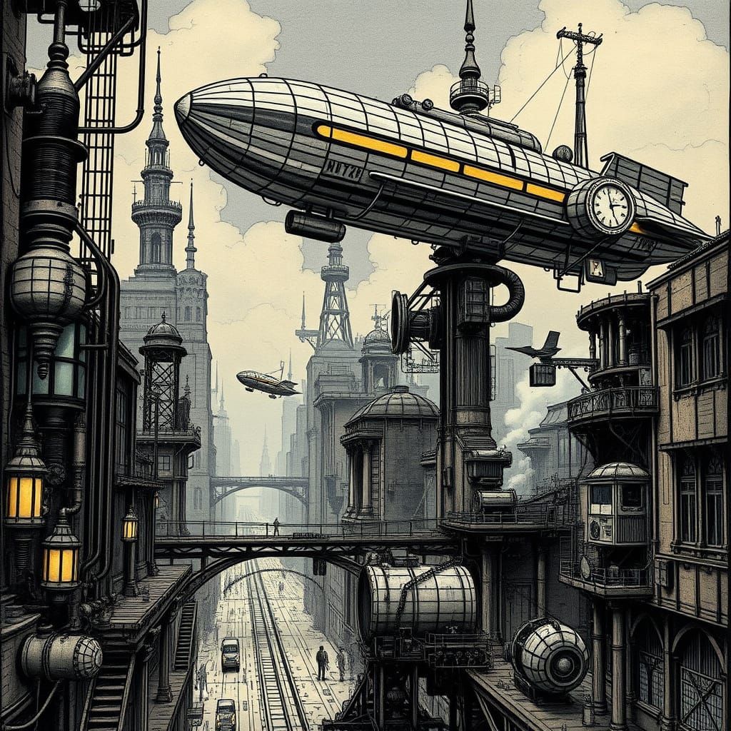 Dieselpunk Metropolis with Vintage Airships in Film Noir Sty...