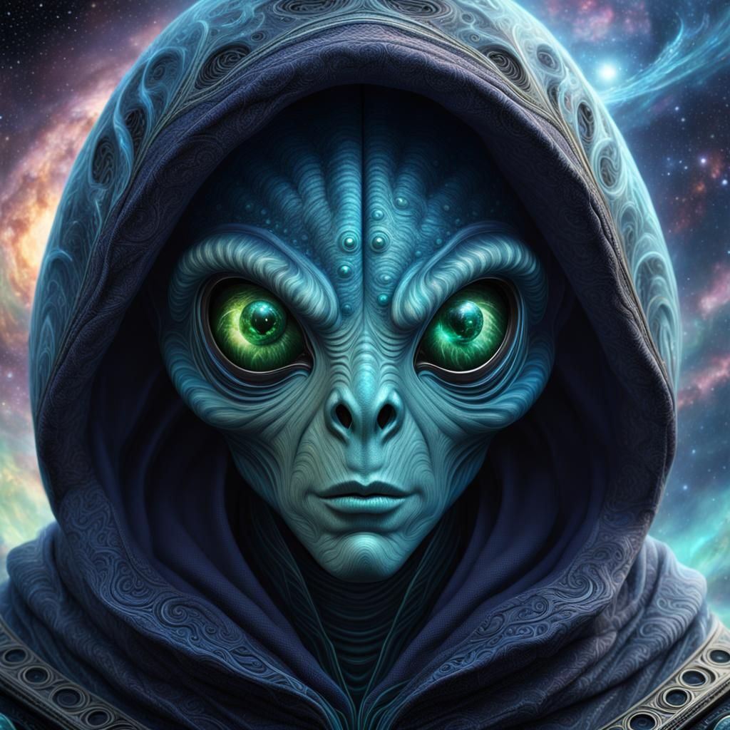 Hooded Alien in Cosmic Void: Hyperdetailed Sci-Fi Fantasy