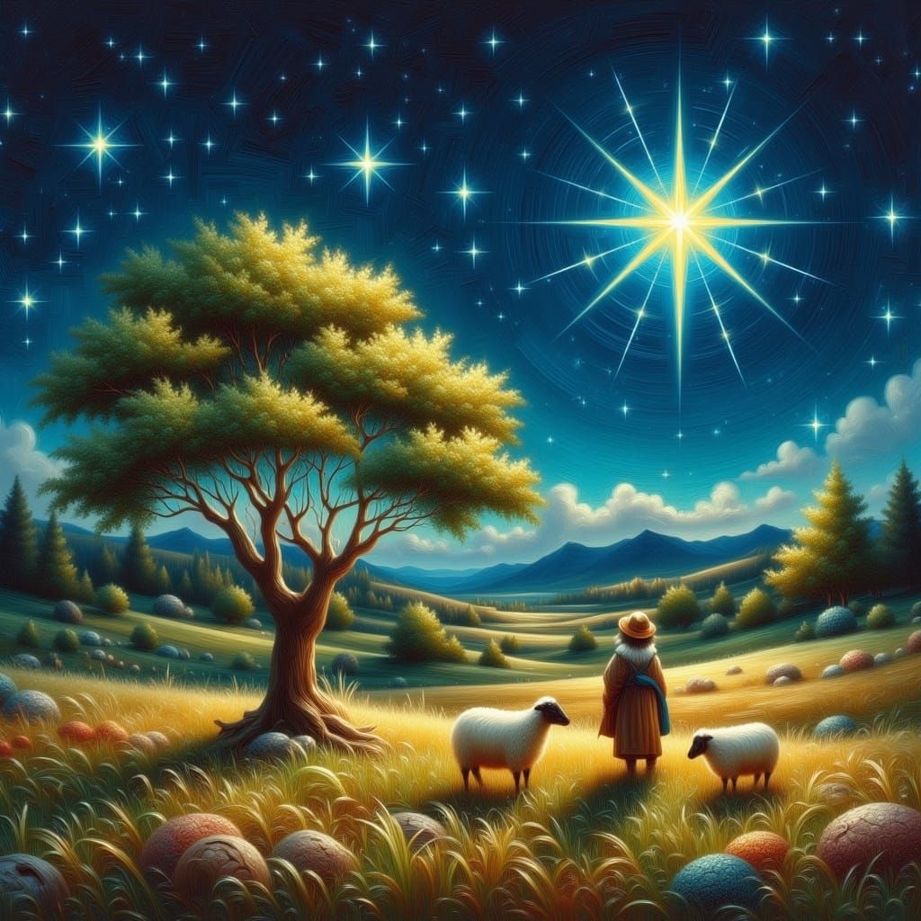 Shepherd Boy Admires the Christmas Star in a Winter Night Sc...