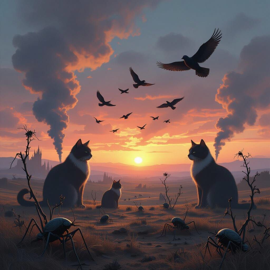 Gothic Sunset Landscape with Giant Cats and Birds