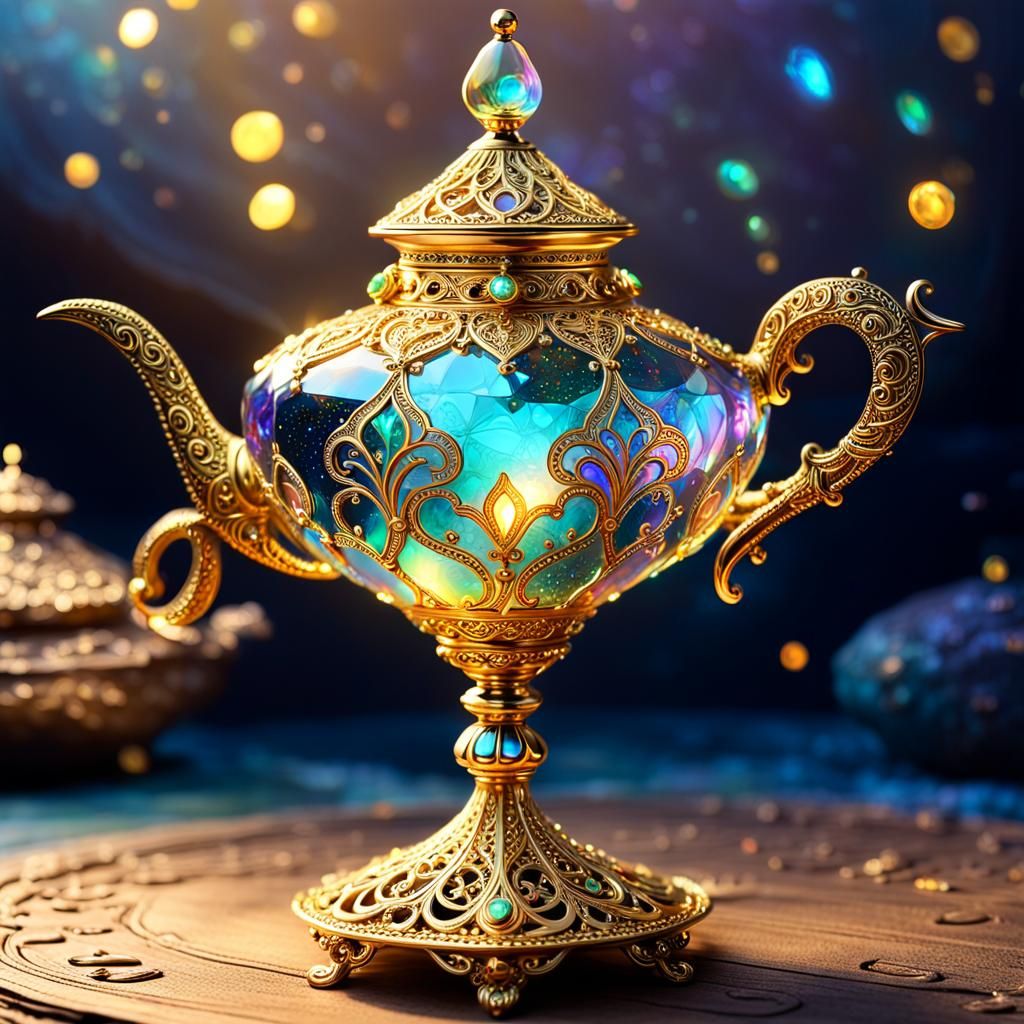 Iridescent Aladdin's Lamp with Golden Filigree