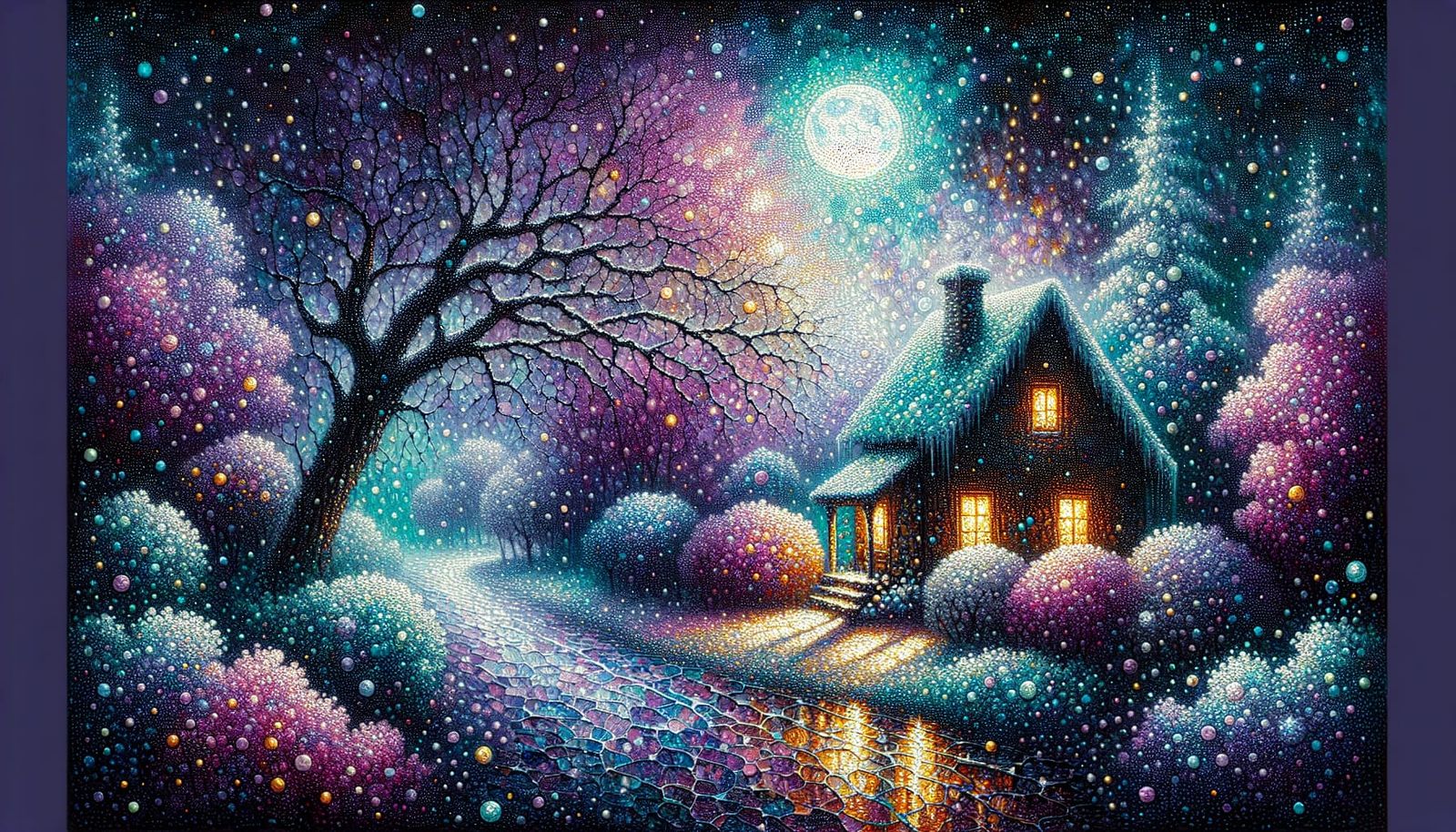 A cosy cottage with a glowing window nestled by a magical rainy wet alley under a large, dark tree