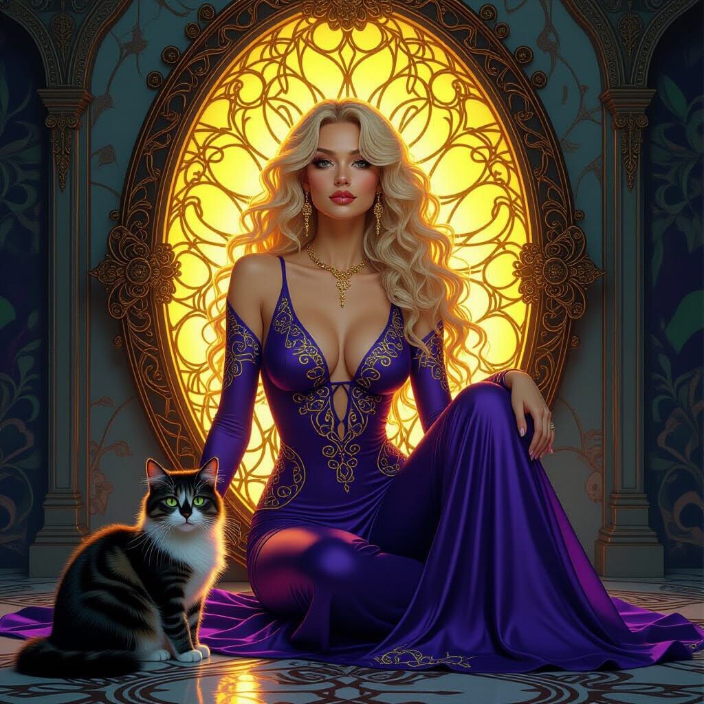 Mystical Mirror Portrait: Woman, Cat, and Art Nouveau Flair