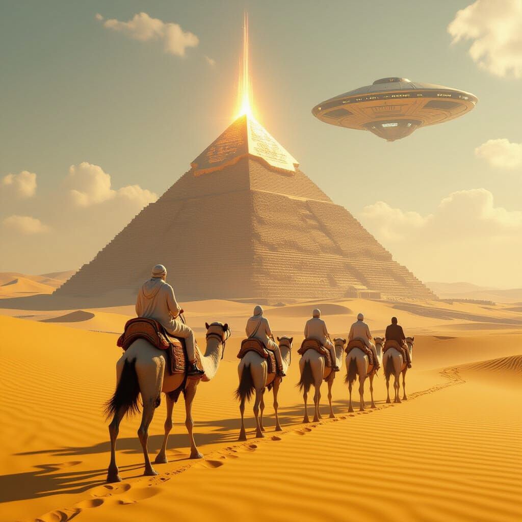 Man Rides Camel Past Glowing Pyramid Under Alien Ship