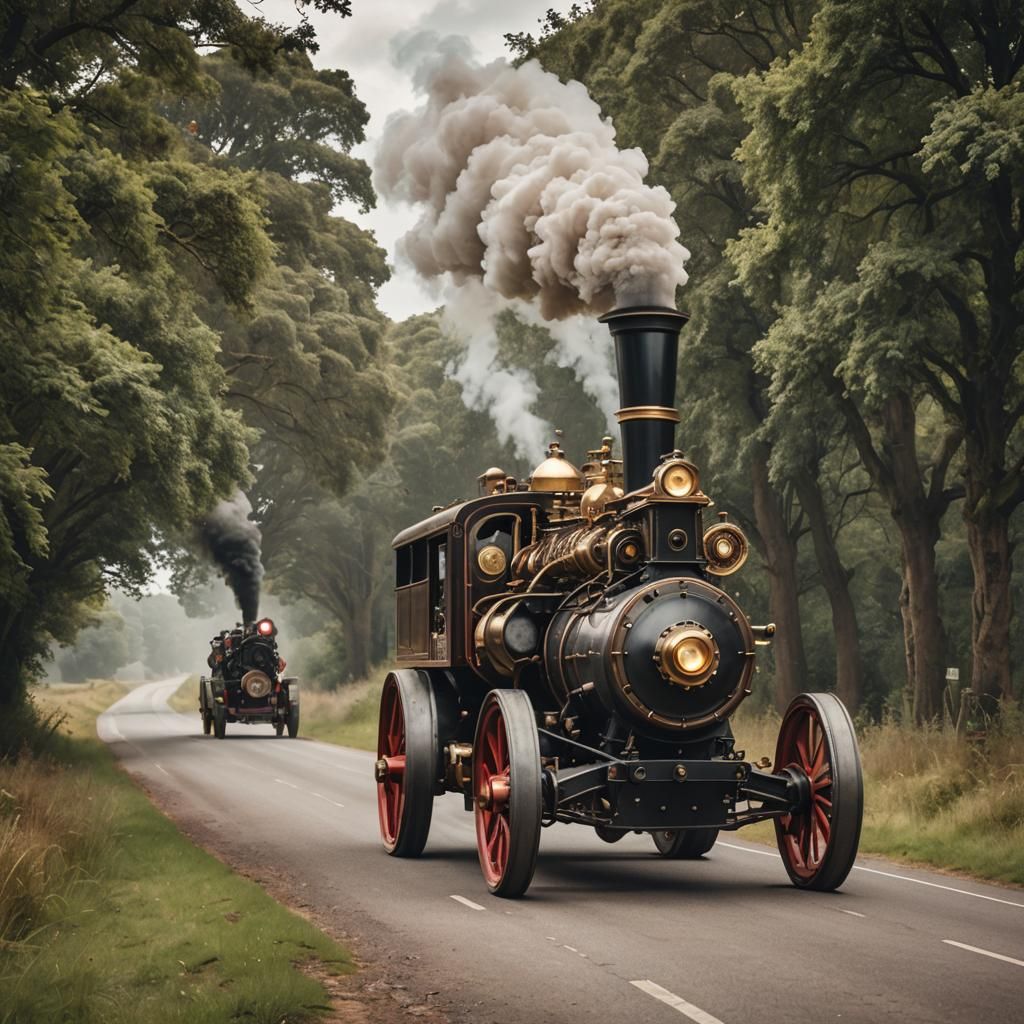 Victorian Steampunk Traction Engine on Country Road