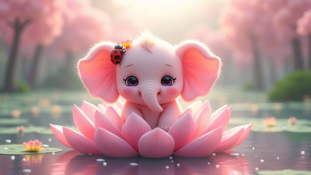 Pink Elephant on Lotus Flower, 3D Anime Art