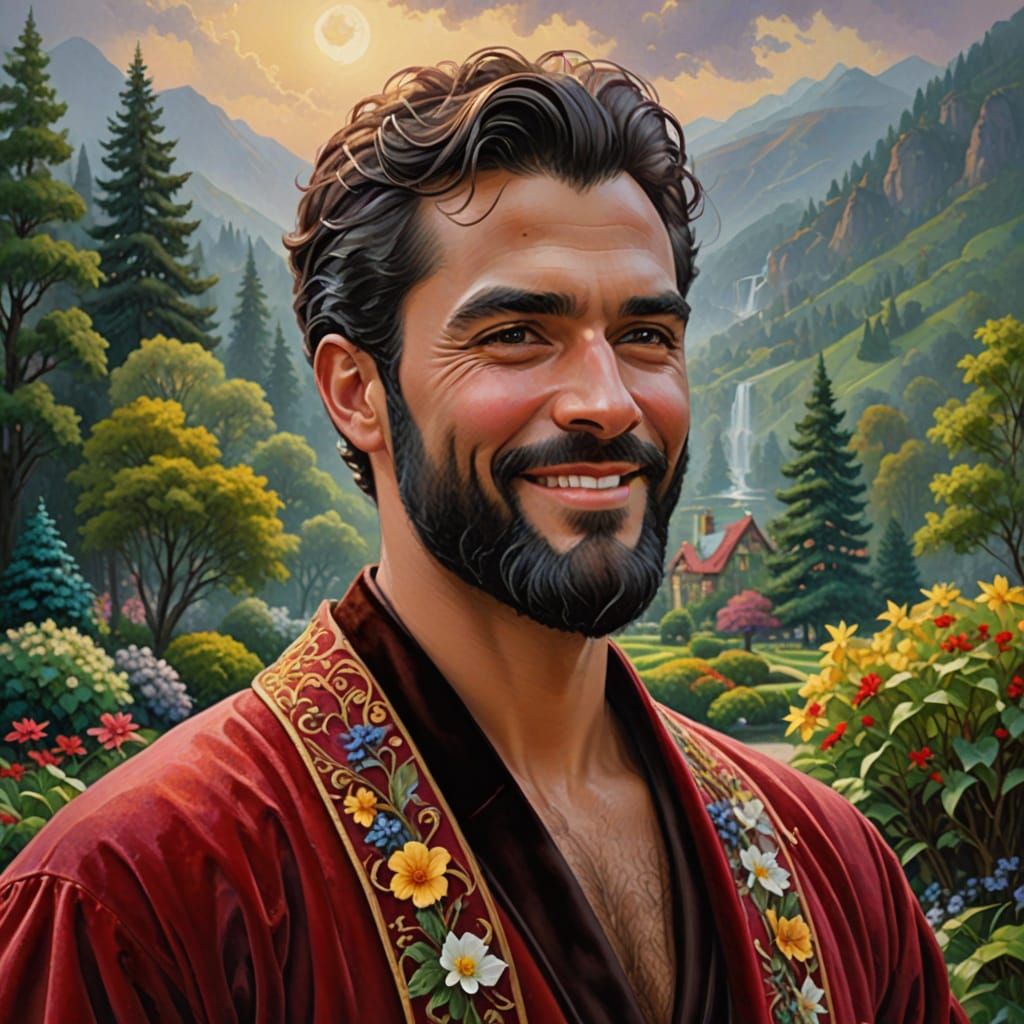 Ethereal Gentleman in Velvet Robe Amidst a Flourishing Garde...