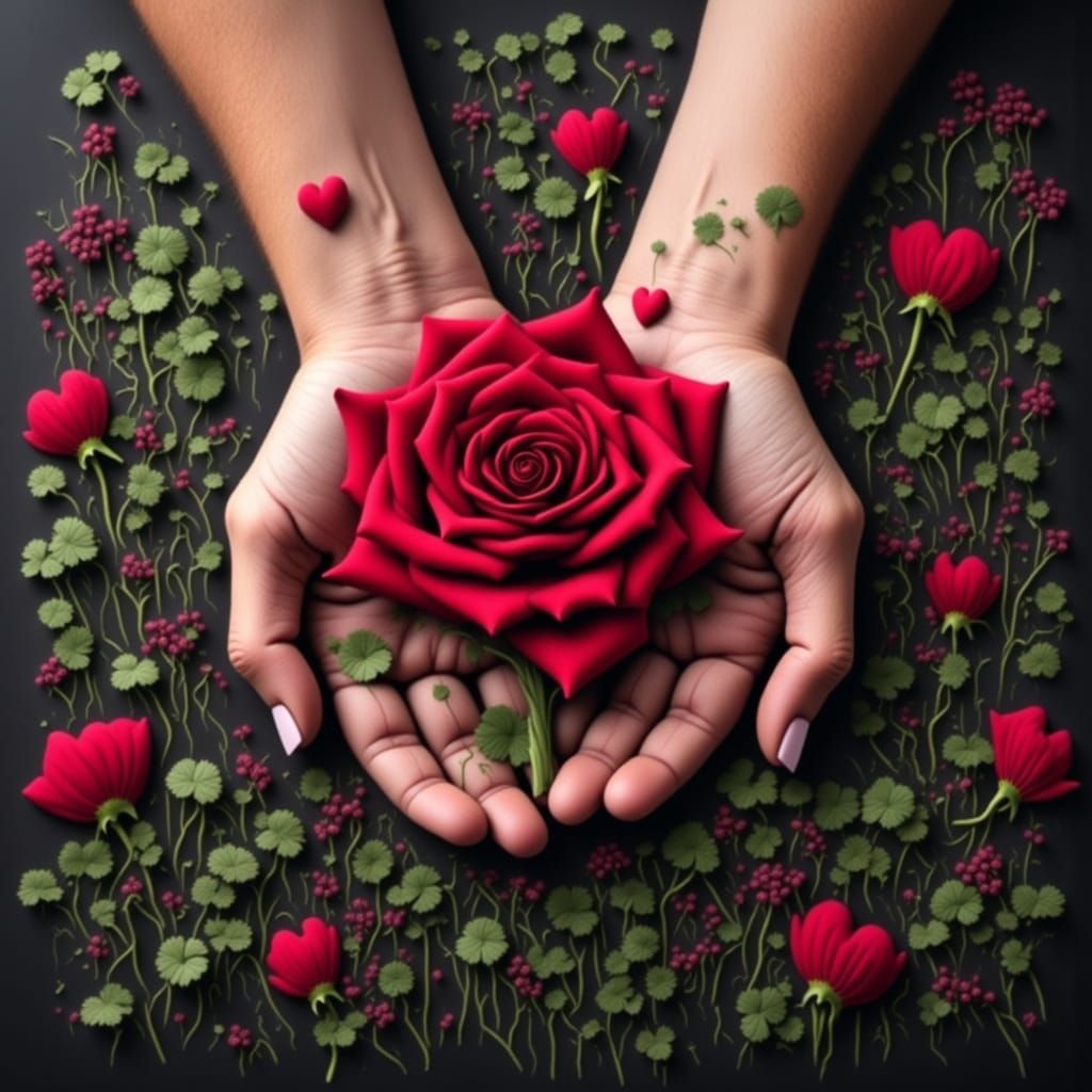 Intertwined Hands Holding a Rose with Hearts
