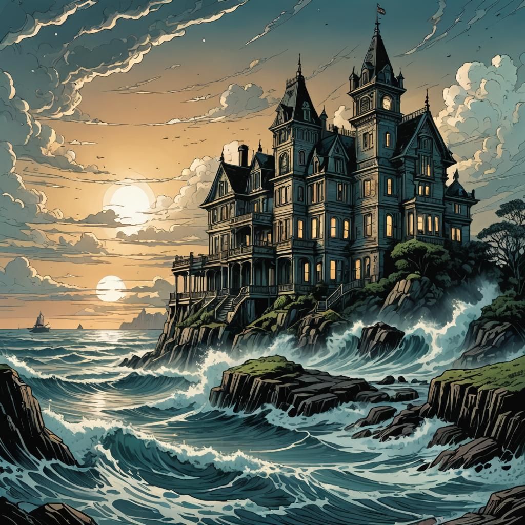 Mansion Fading into Sea: Comic Book Art