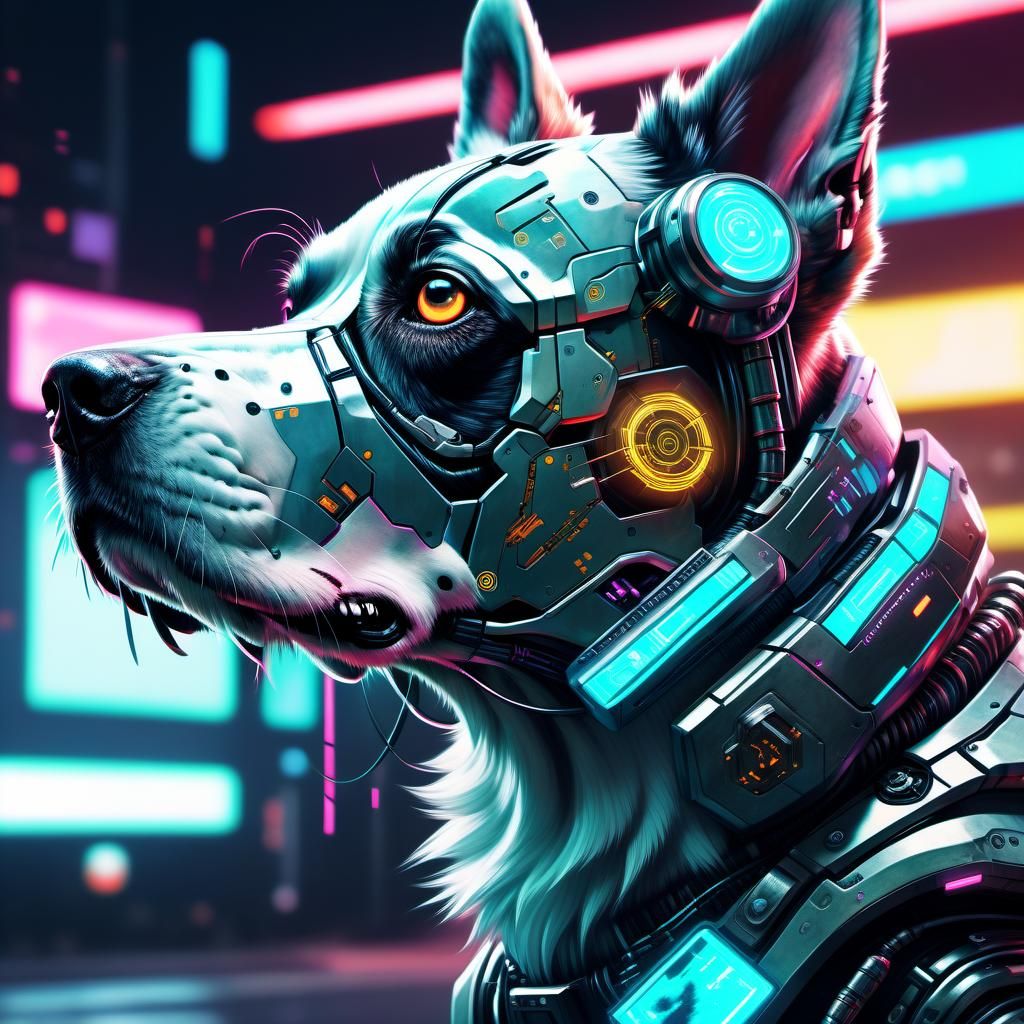 hyper-realism, Cyborg, Dog, furry cyberpunk, glitch