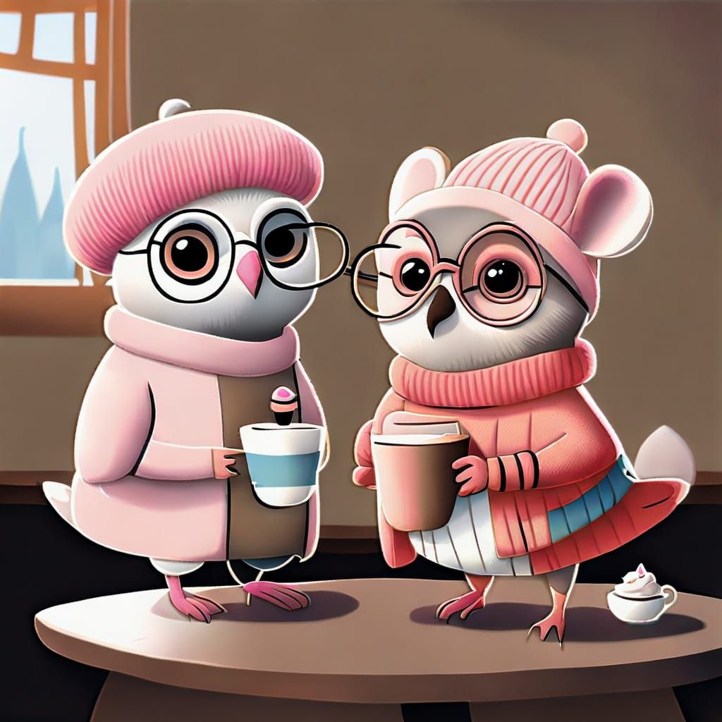 Owl and Mouse Enjoying a Coffee Date in Cute Outfits