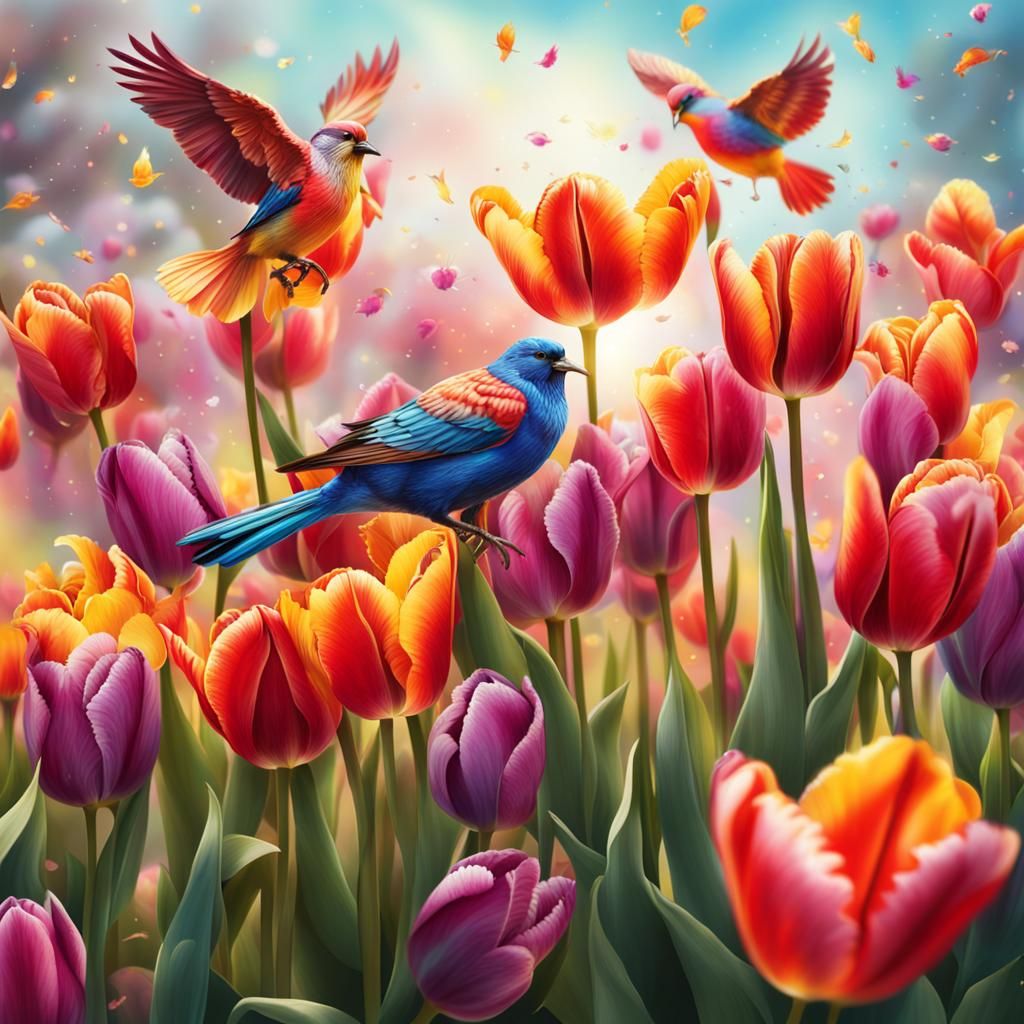 Spring Day with Tulips and Birds in Splash Art Style