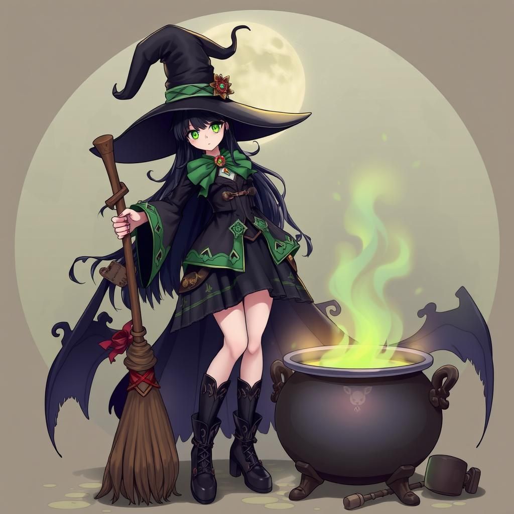Gothic Steampunk Witch with Cauldron, in Anime Style