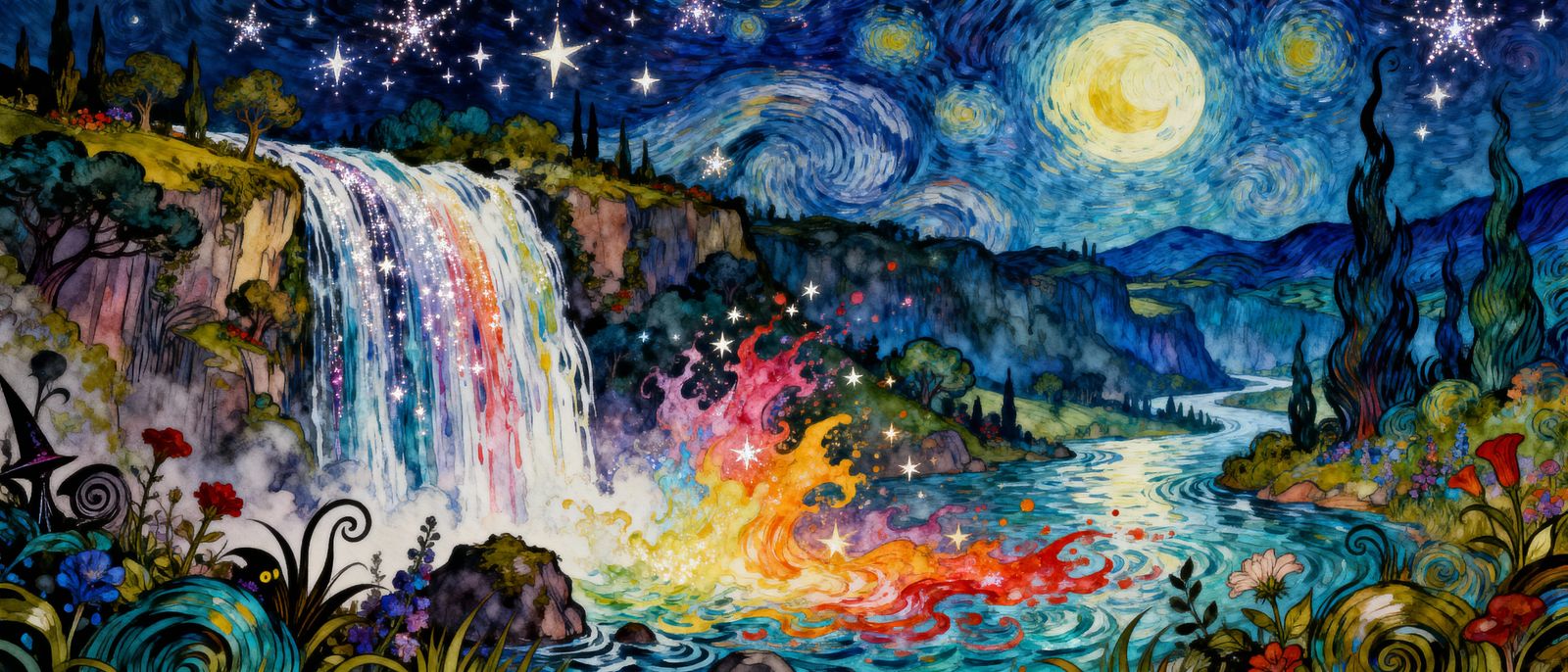 Fantasy Dreamscape: Glittery Stars and Moonlit Landscape