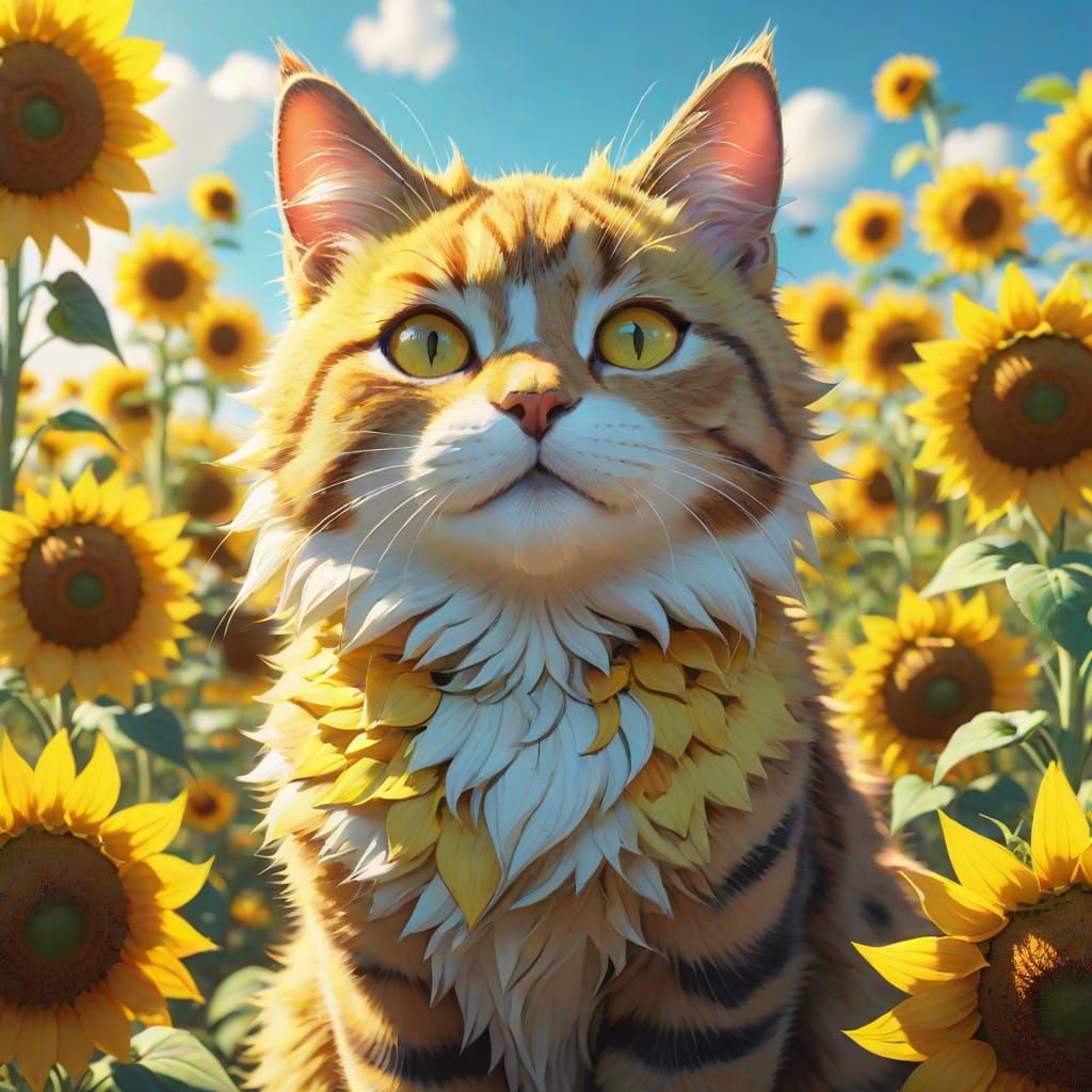 Anime Cat Surrounded by Sunflowers in 3D