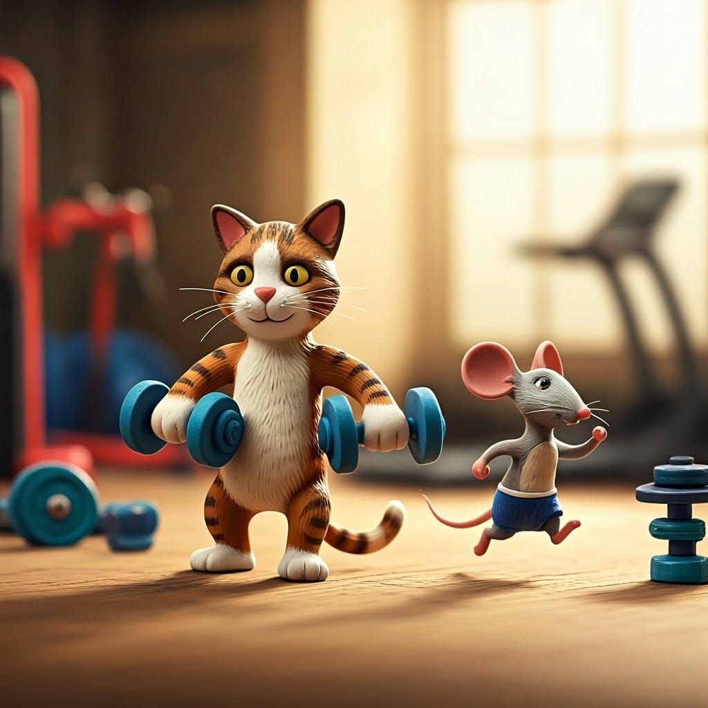 Aardman style claymation figure of a cat and a mouse doing exercises in a gym