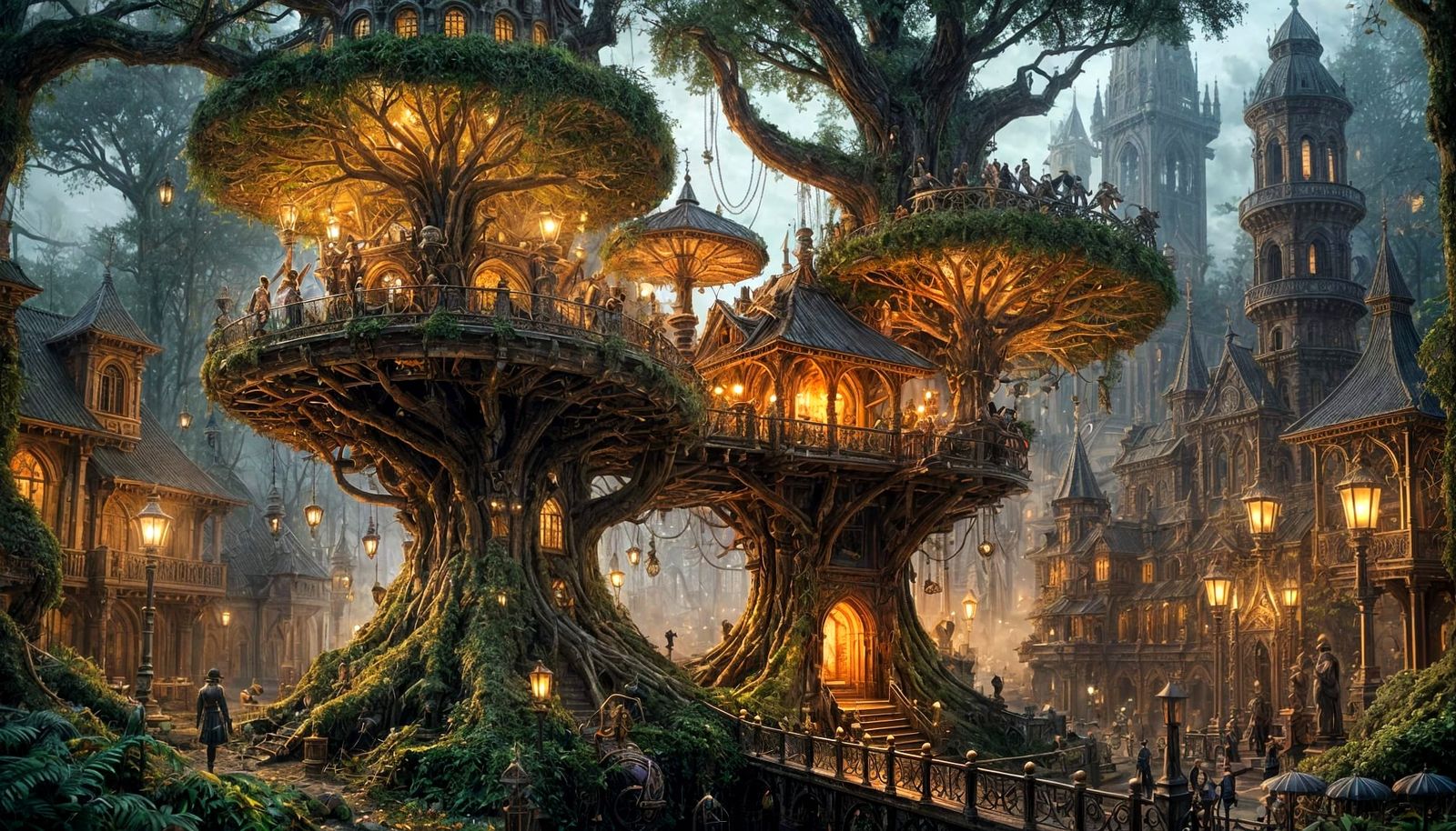 Steampunk City in Ancient Tree with Clockwork Gardens
