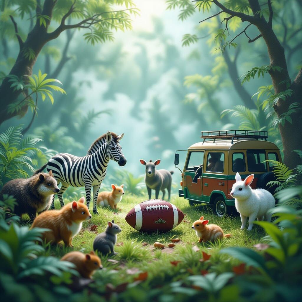 Mystical Zoo Inside a Football, Soft Ethereal Style