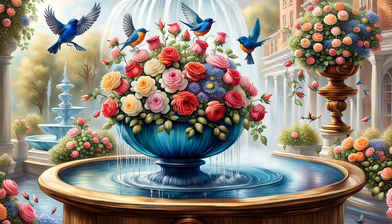 Metal Roses in Faberge Pot with Birds, Hyperrealistic