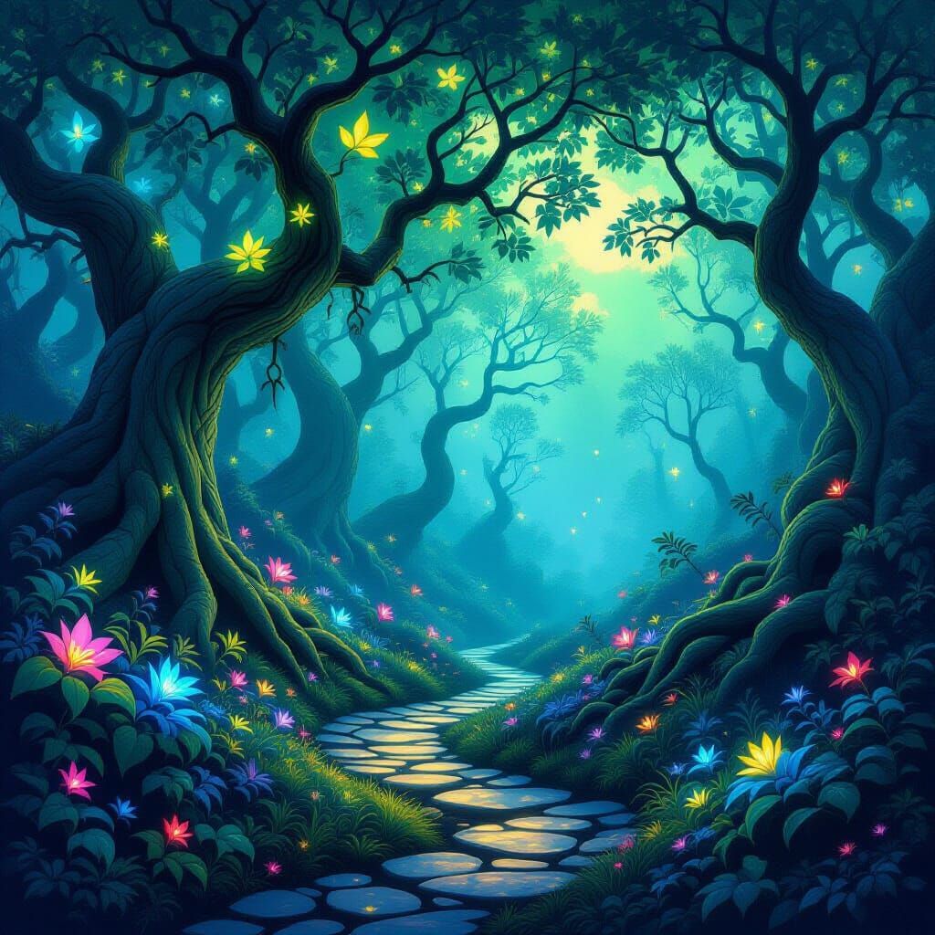 Enchanted Forest Landscape With Glowing Flora and Fauna