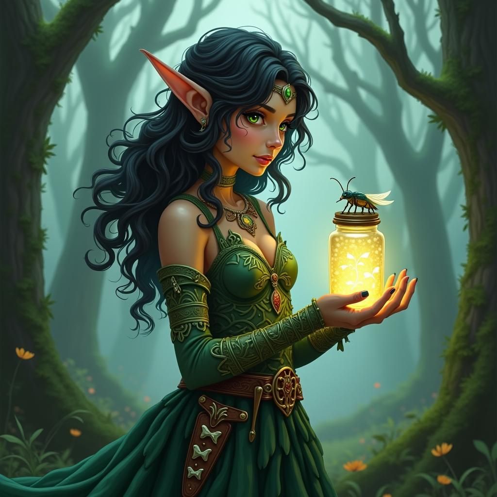 Mystical Druid in Forest with Glowing Jar