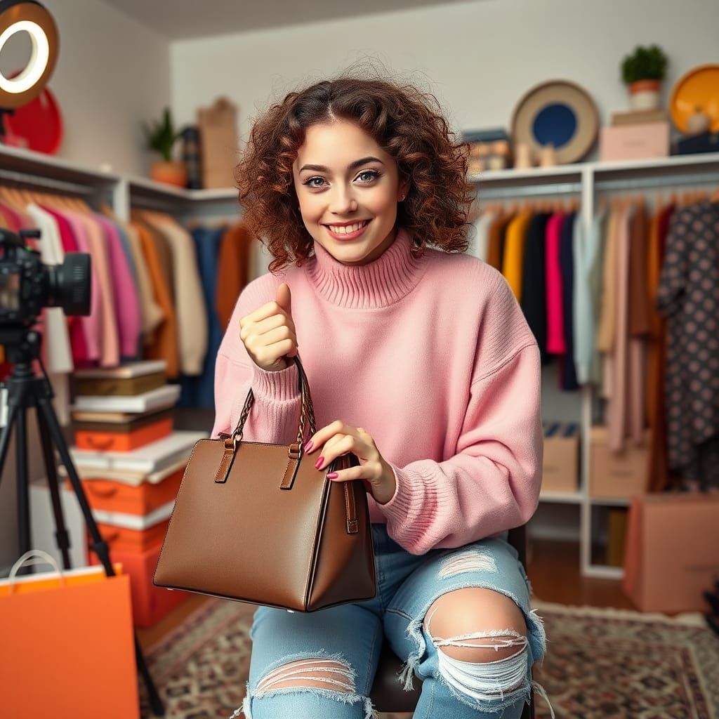 Fashion Influencer in Cozy Home Studio, Detailed Matte Paint...