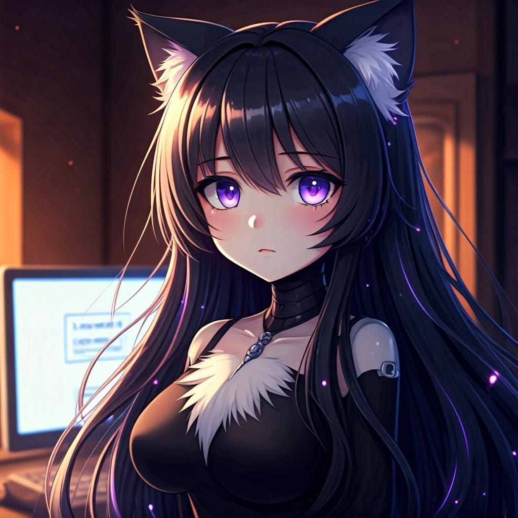 Cel-Shaded Android Catgirl in Melancholic Pose