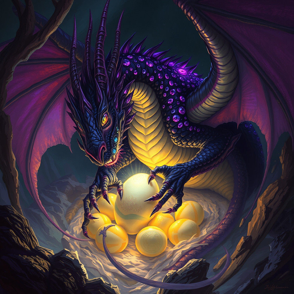 Mystical Dragon Protecting Her Eggs, Dark Fantasy Art