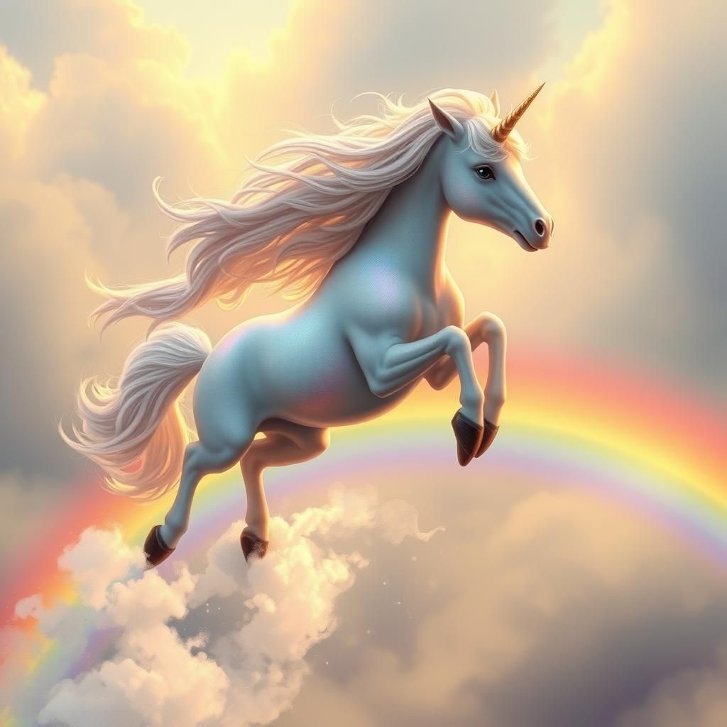 Unicorn Leaping on Rainbow in Dreamy Fantasy Art