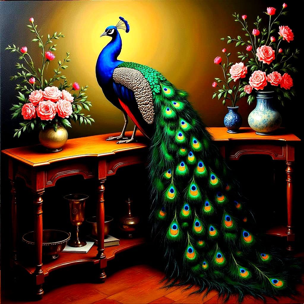 Peacock and Flowers in Victorian Style Oil Painting