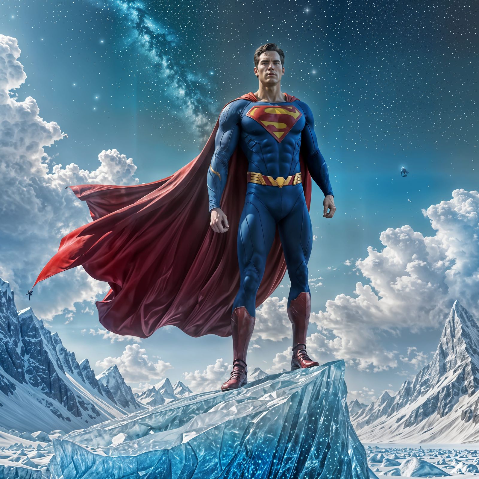 Superhero Standing on Ice Mountain Peak