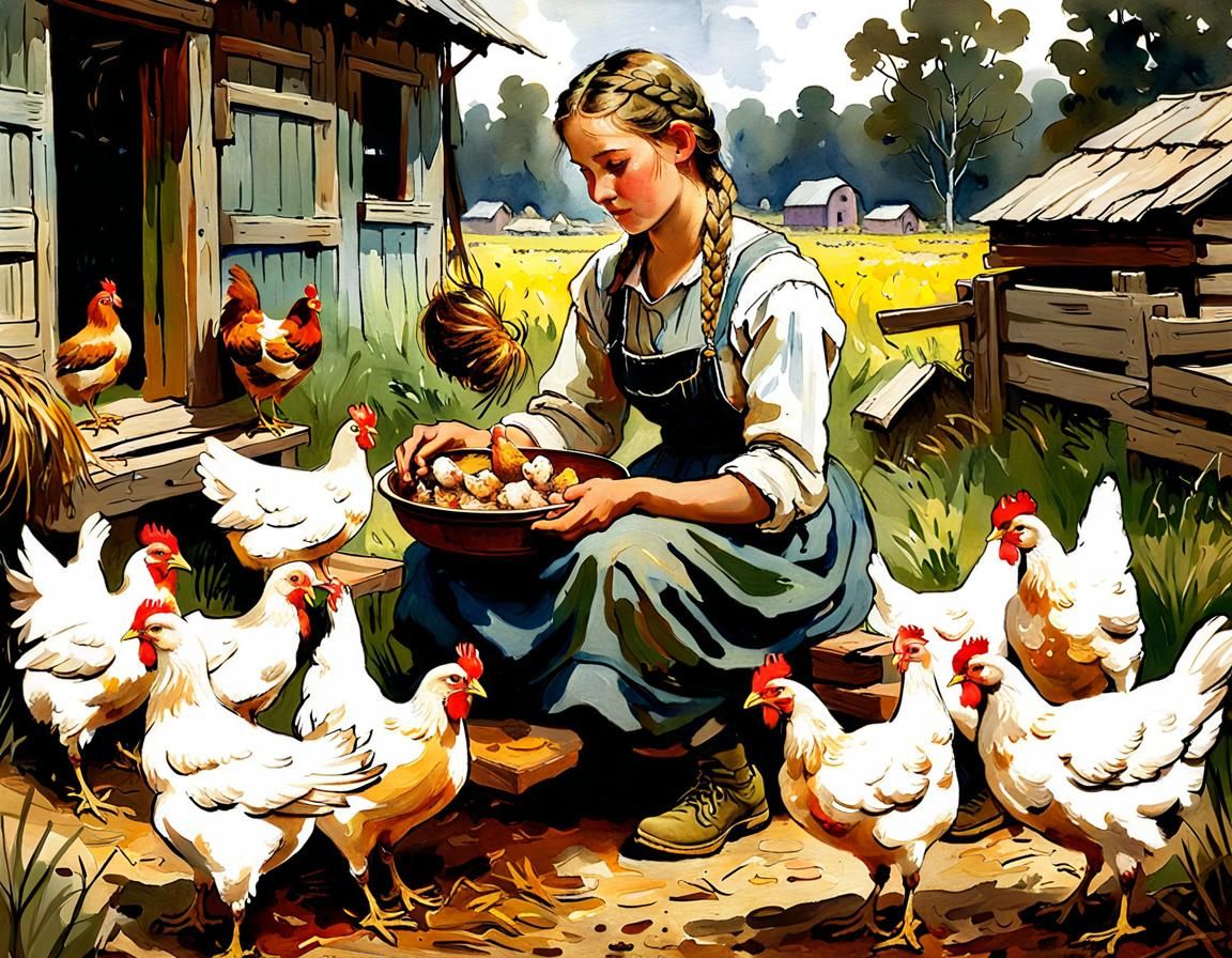 Farmgirl Feeding Chickens: Dreamlike Oil Painting