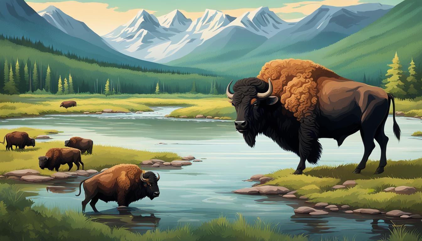 Buffalo Forest River Scene Mountain Panorama