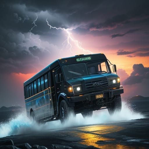 Epic Battle Bus Soars Over a Stormy Island in Hyper-Realisti...