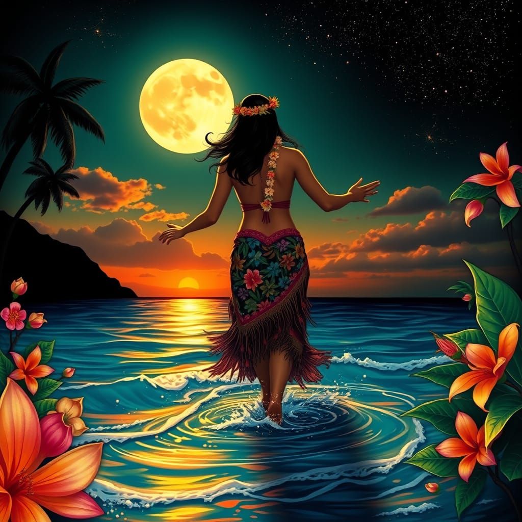 Hula Dancer Sunset Silhouette in Surreal Art Nouveau Style