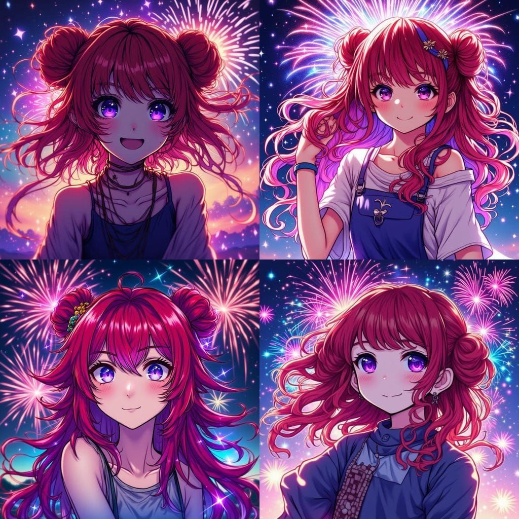 Anime Girl with Red Hair and Purple Eyes and Fireworks