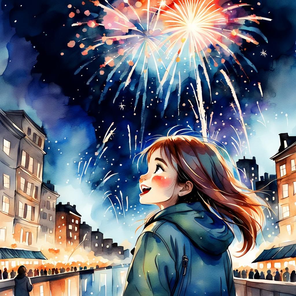 Girl Watches City Fireworks, Watercolor Digital Sketch