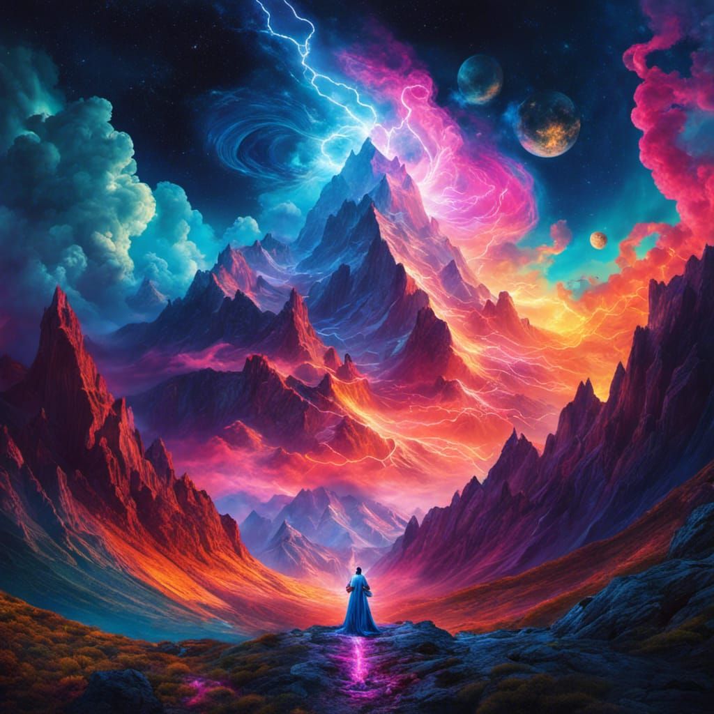 Cosmic God and Mountains in Surreal Renaissance Style