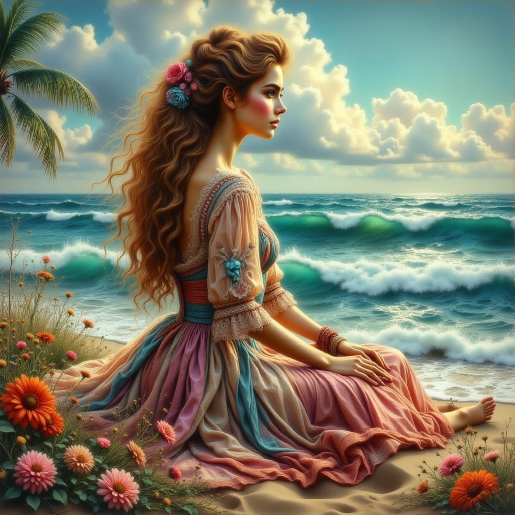 Vintage Lady at the Beach in Hyperrealistic Style