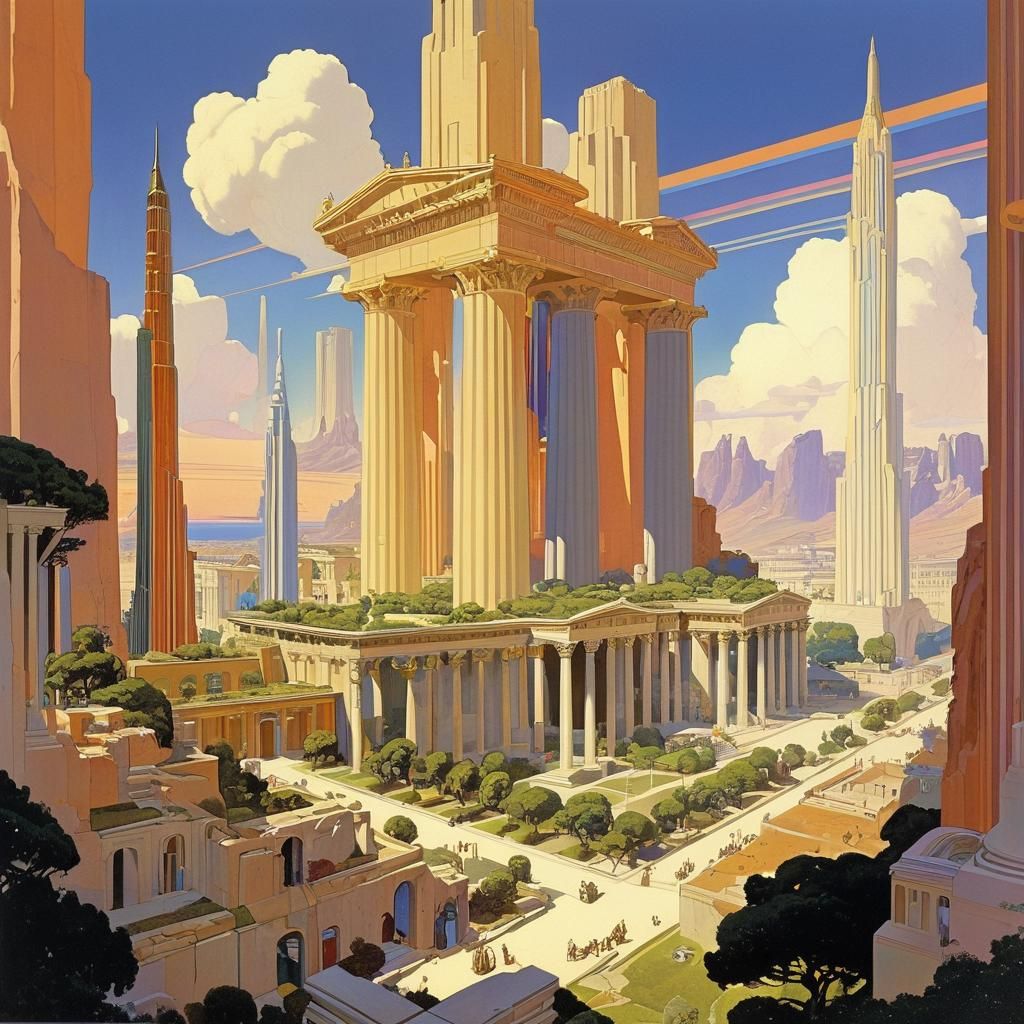 Futuristic Greek Metropolis with Dreamlike Sky
