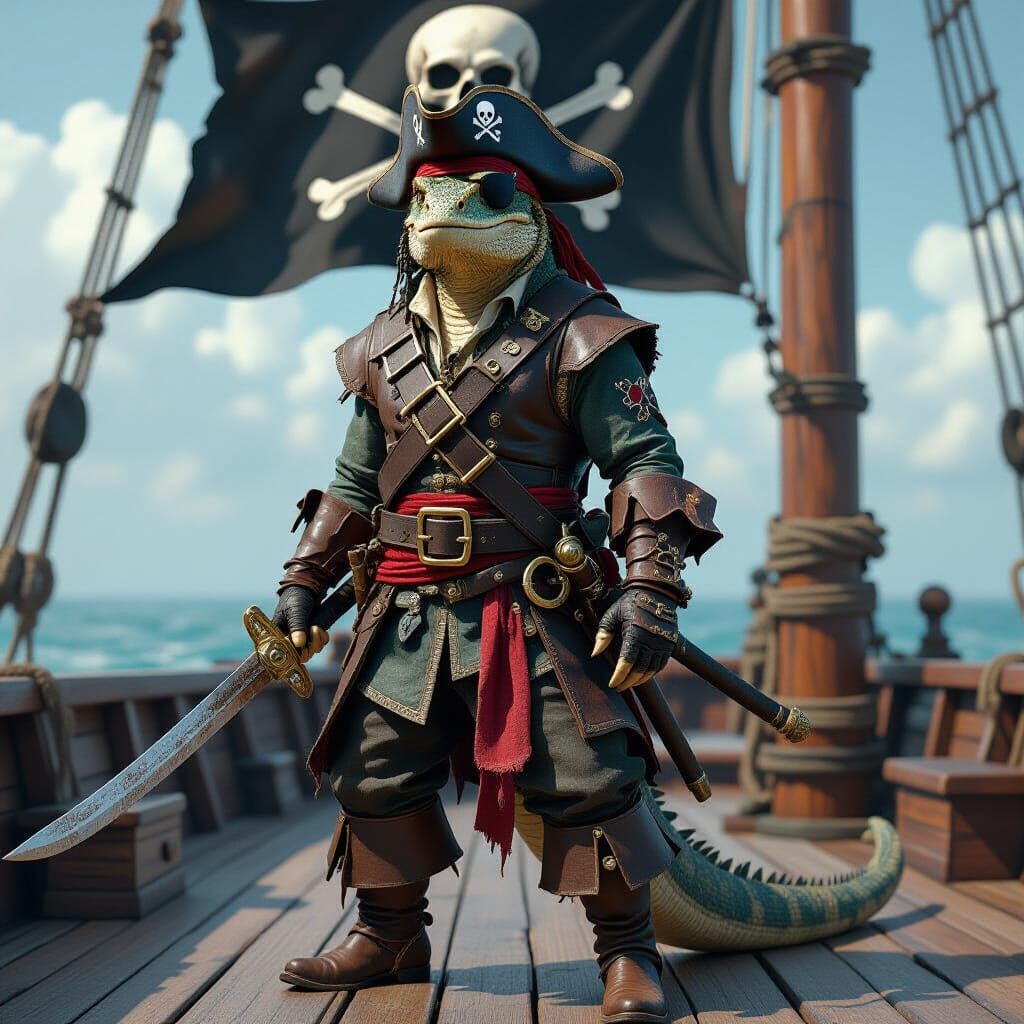 Pirate Komodo Dragon on Ship Deck, Photorealistic Style
