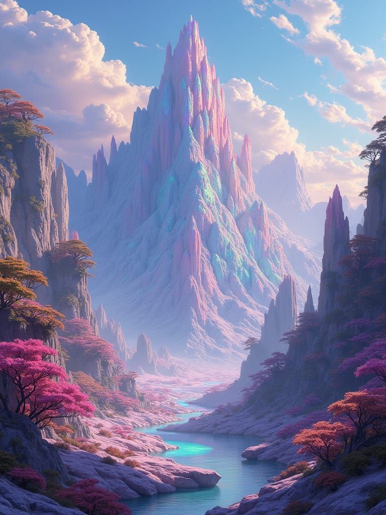 Ethereal Fantasy Landscape with Crystal Cities and Mountains