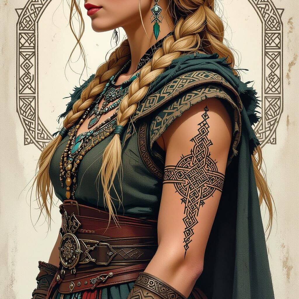 Frigg Tattoo Outline in Mixed Media Style