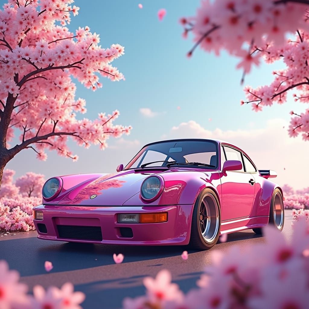 Pink Porsche Surrounded by Cherry Blossoms in Photorealistic...