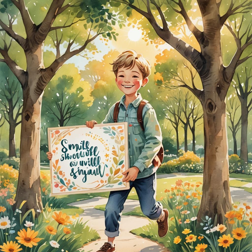 Boy With Sign in Whimsical Watercolor Style