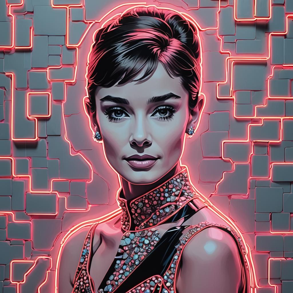 Audrey Hepburn Neon Portrait in Retro City