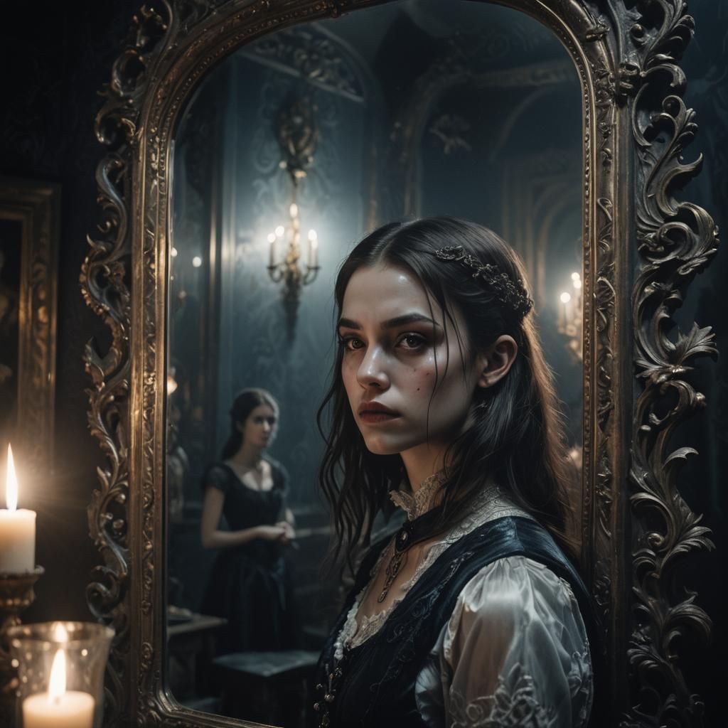 Eerie Dark Fantasy: Girl and Shadowy Mirror Reflection